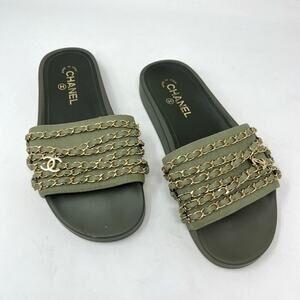 Chanel CC Chainlink Flat Slide Sandals green size 39 EU Slip On